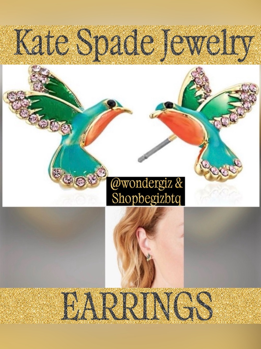 Authentic Kate Spade "Hum A Little Tune" Green & Orange Hummingbird Earrings